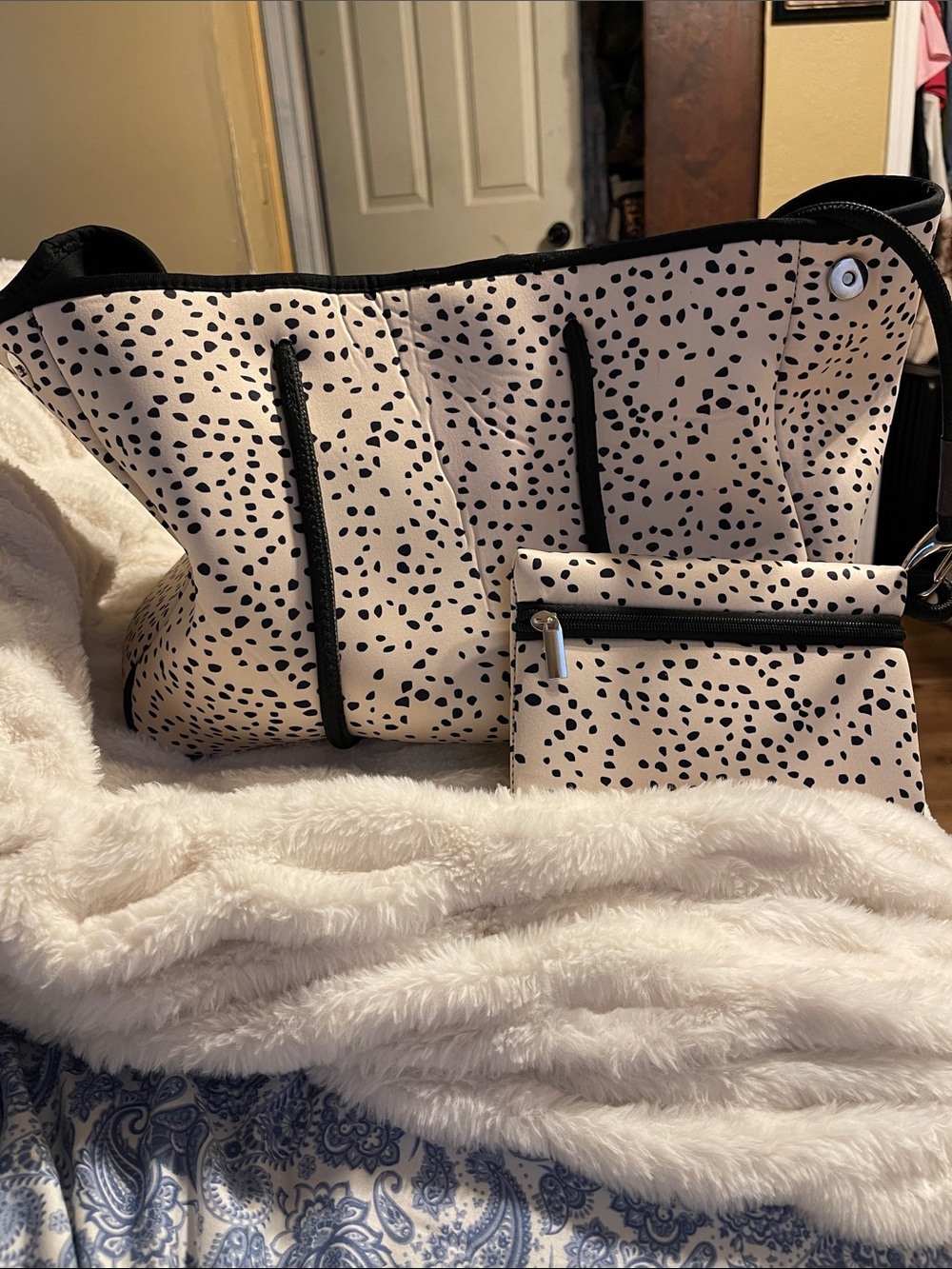 Cream and Black Spotted Tote Bag - Women